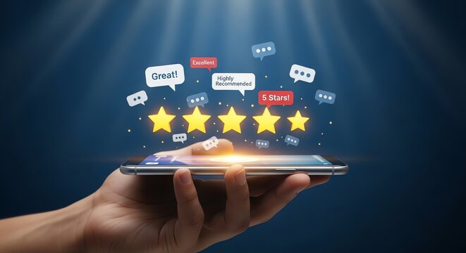 Hand holding smartphone with star ratings and feedback