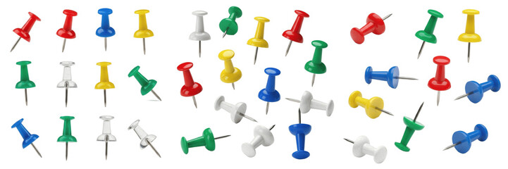 Obraz premium Set and collection colorful push pins thumbtacks for office stationery isolated on white transparent png background
