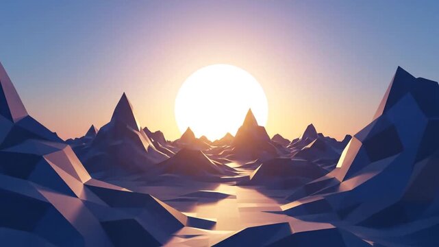 Abstract low poly geometric mountain range with a large sun at sunrise or sunset