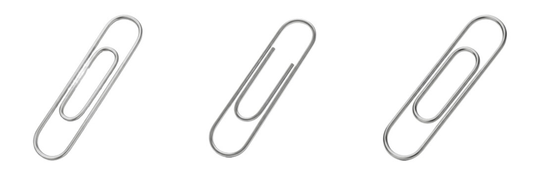 Set and collection silver metal paper clips office stationery isolated on white transparent png background