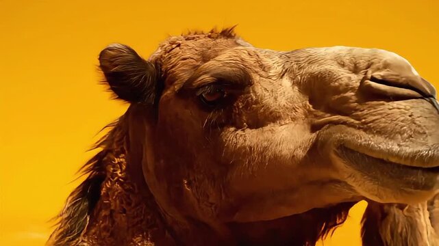 Camels storyboard showing close up animal head shots on yellow background in desert sunshine