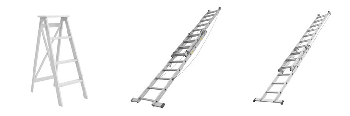 Set and collection aluminum step ladder and extension ladder for construction and home repair isolated on white transparent png background © prettyshots