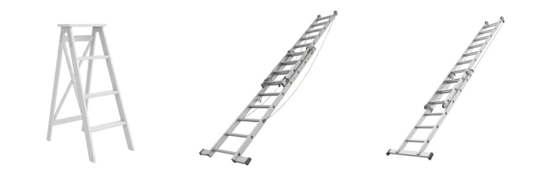Set and collection aluminum step ladder and extension ladder for construction and home repair isolated on white transparent png background