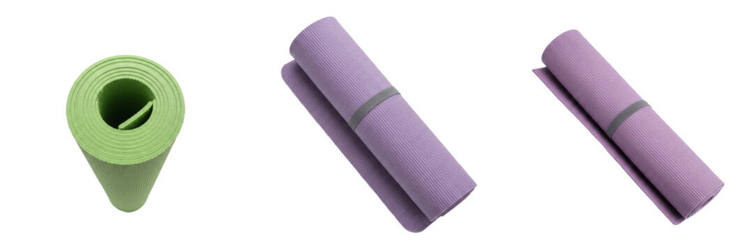 Set and collection rolled yoga mats for fitness and meditation isolated on white transparent png background