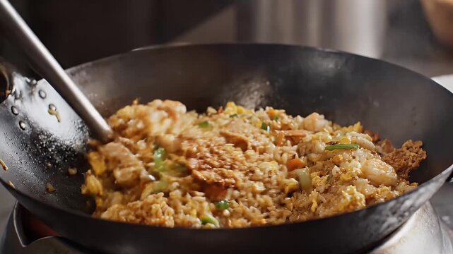 Cooking process in metal wok with ingredients being mixed using a large spoon