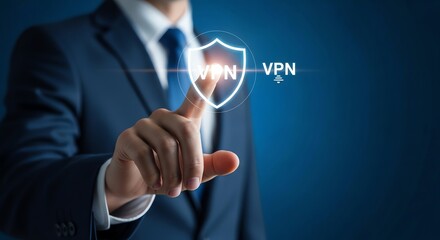 Man touching VPN shield icon digital security concept