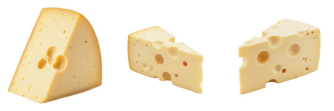 Set of Traditional Swiss Cheese Collection, Gourmet Emmental and Maasdam Wedges with Realistic Holes for Deli and Culinary Displays, isolated on white transparent PNG background