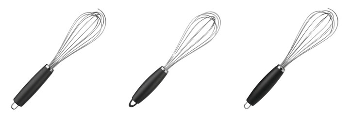 Obraz premium Set of Stainless Steel Balloon Whisk Collection, Professional Kitchen Wire Whisks with Ergonomic Black Handles for Cooking, Baking, and Egg Beating, isolated on white transparent PNG background