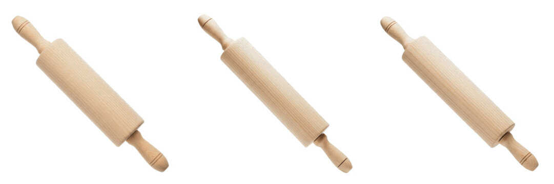 Set of Traditional Wooden Rolling Pin Collection, Classic Kitchen Tools and Bakery Utensils for Pastry Dough Preparation and Home Cooking, isolated on white transparent PNG background