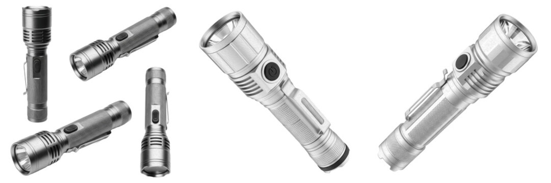Set of Powerful Tactical LED Flashlight Collection, High-Intensity Silver Metallic Torches for Outdoor Camping, Emergency, and Professional Use, isolated on white transparent PNG background