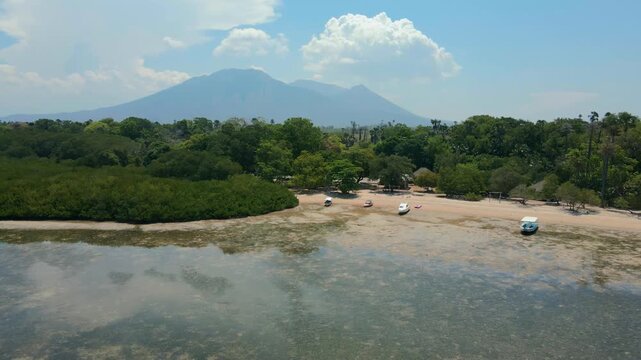 Baluran National Park Beach and Mountain Landscape, Aerial Drone Shot Indonesia