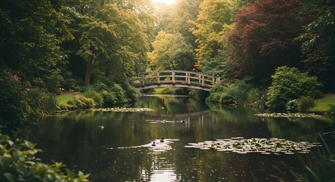 Scenic landscape featuring a wooden bridge over a tranquil pond surrounded by lush trees