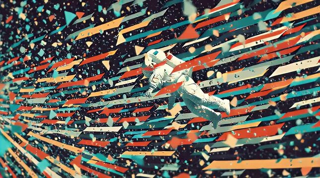 Astronaut Drifting Through a Vibrant, Multidimensional Cosmic Stream of Abstract Geometry
