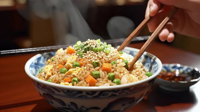 Steaming rice dish with vegetables in decorated bowl and chopsticks