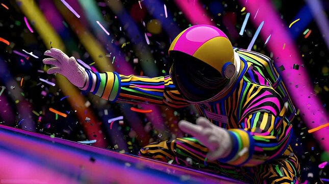 Vibrant Astronaut in Colorful Striped Suit Exploring a Cosmic Dance Party