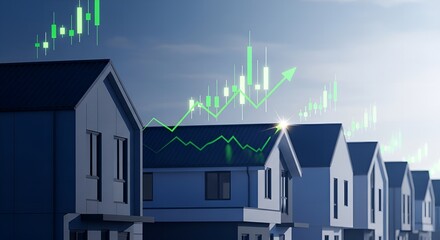 Green financial growth graph soaring above a row of modern houses, symbolizing a booming real estate market, increasing property values, and successful housing investments
