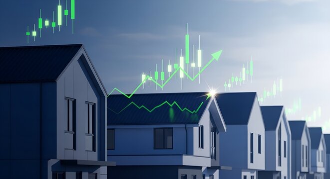 Green financial growth graph soaring above a row of modern houses, symbolizing a booming real estate market, increasing property values, and successful housing investments