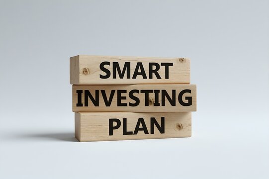 three stacked wooden blocks on a clean light gray background reading 'Smart Investing Plan', investing concept