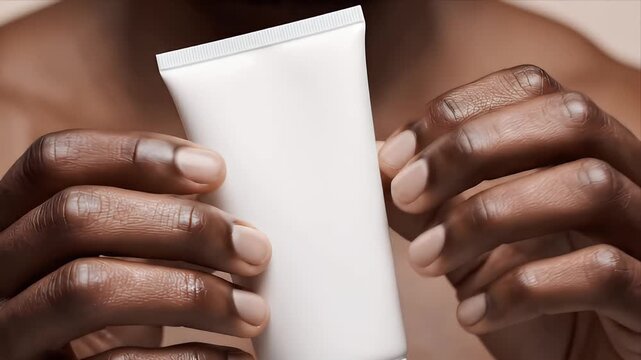 Close up video of dark skin hands slowly rotating a blank white cosmetic tube with soft studio lighting against a