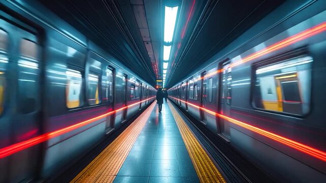 Long exposure shot of a subway platform with blurred train lights and people