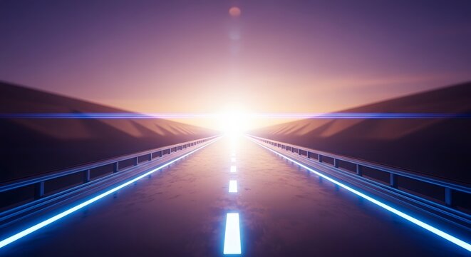 Digital Highway to a Bright Horizon A Futuristic Road Illuminated by Neon Lights at Dawn, Symbolizing Opportunity and Progress in a Modern World