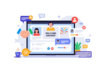 Modern digital workspace with laptop and various icons representing communication and collaboration in a vibrant virtual environment