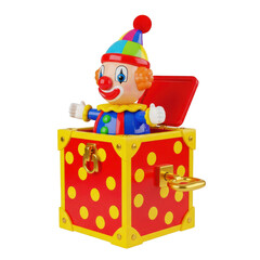 Colorful Clown Figurine Toy Jack in the Box with Polka Dots isolated on a transparent background