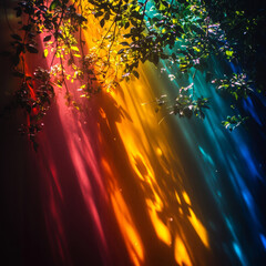 Colored beams of light pass through the leaves