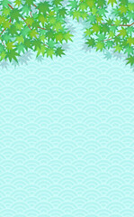 Obraz premium 緑のもみじと和柄の涼しげな背景1_縦