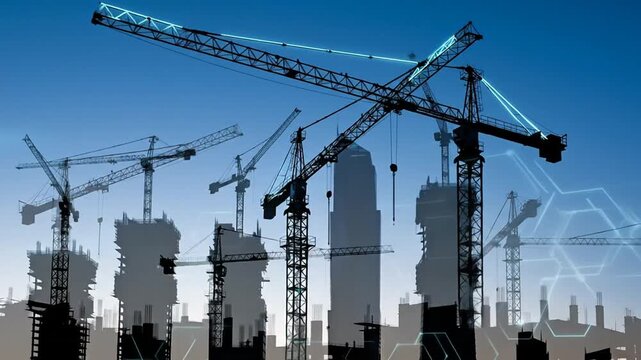 Construction Silhouette: Towering cranes dot the skyline as buildings rise, reflecting the ambitious spirit of modern urban development. Capturing the spirit of growth.