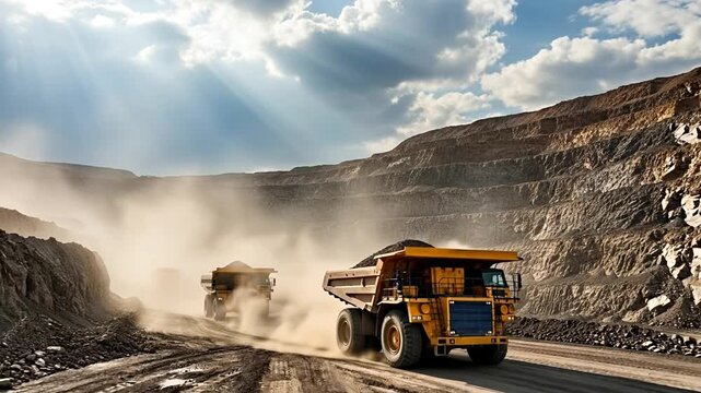 Industrial Trucks in the Open Pit Mine: Industrial trucks navigate a large open-pit mine, carrying ore under a cloudy sky, showcasing the scale of industry.