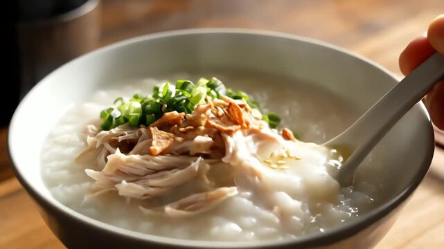 Close up of a bowl filled with cooked rice porridge and toppings