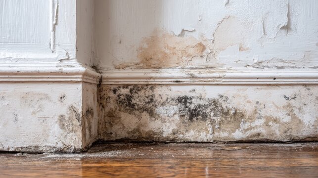 Interior corner of a room displays severe moisture damage, peeling paint, and mold growth near the floor molding.