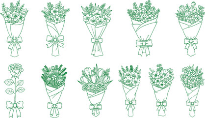 Floral bouquet line art collection featuring wrapped flower arrangements and single rose illustration, elegant botanical design elements for wedding, celebration and decorative use on light background
