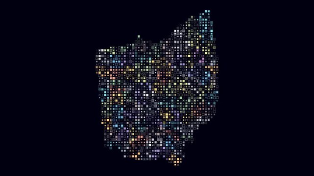 Ohio animated shape. Pulsating colored dots on the map of the state. Small size square blocks. Digital style Ohio map on dark background. Vibrant animation video.
