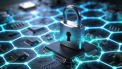 Cyber defense system visualization with padlock in the center of digital network and glowing blue neon connections, futuristic cybersecurity technology, secure data protection and information safety