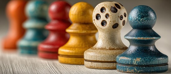 A line of colorful, carved wooden game pieces with aged appearance