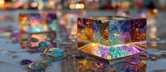 Multicolored Glass Cube Reflecting Light on Wet Surface