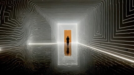 A person stands in a luminous, geometric hallway, gazing at a warm door