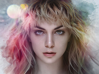 A blonde, blue-eyed woman poses. A naturally beautiful woman. A work of art.