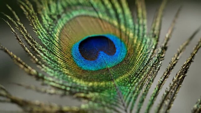 Vibrant peacock feather with intricate eye detail and colorful plumage.