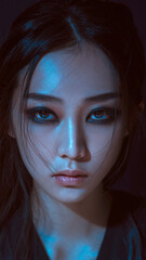 Fashion portrait of young beautiful glowing skin Asian woman model, skin care, emphasizing the natural beauty and radiance of healthy skin.