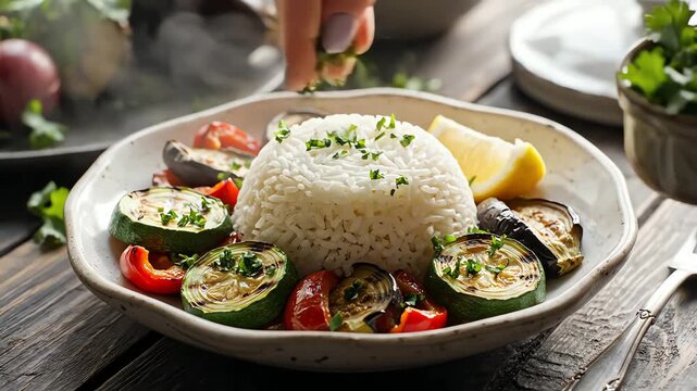 Gourmet dish presentation rice and grilled vegetables with herb garnish