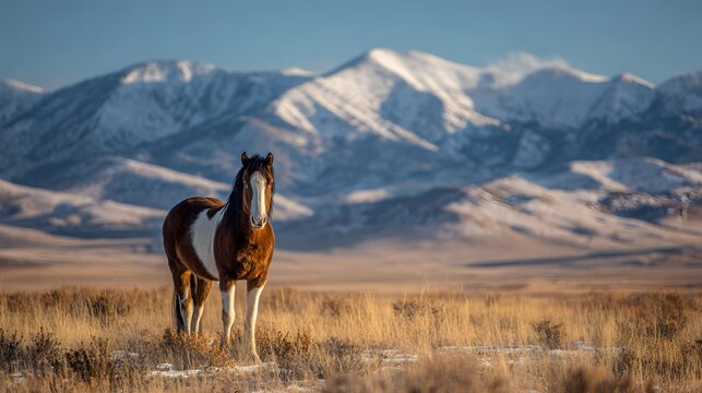 Majestic Wild Horse in Arid Landscape with Snow-Capped Mountains Under Clear Sky.