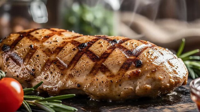 Grilled chicken breast with grill marks on dark surface