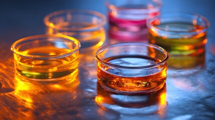 Vibrant alcoholic beverages in shot glasses on a reflective surface.