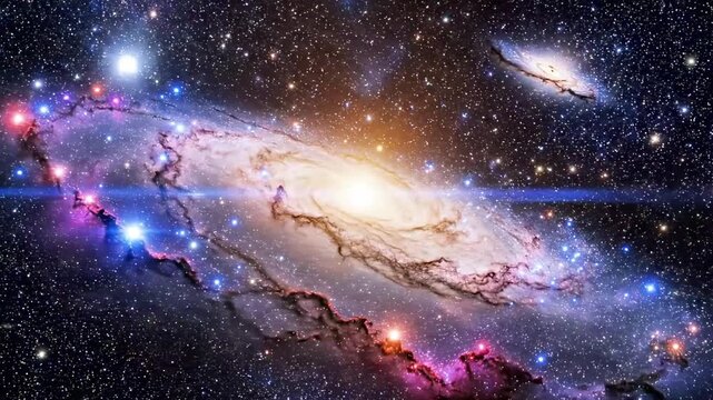 A vibrant galaxy with swirling clouds of purple, pink, and blue gas and dust, illuminated by a bright central light, set against a starry night sky with a smaller galaxy in the background
