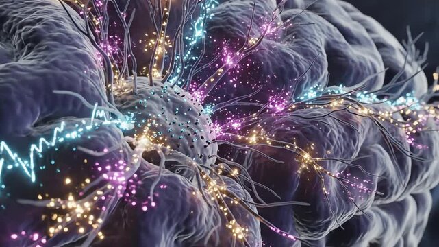 Serotonin receptors on cortical neurons, each responding with a unique light pattern when activated. Some generate steady pulses, while others flicker rapidly, representing varied emotional responses