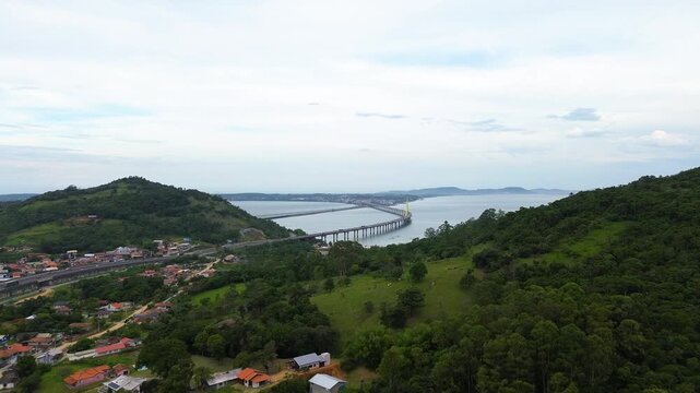 Aerial view of the Anita Garibaldi Bridge in Laguna, Brazil