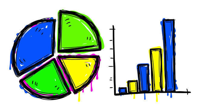Hand-drawn style pie chart and bar graph illustrating data visualization concepts with vibrant colors and a playful aesthetic.